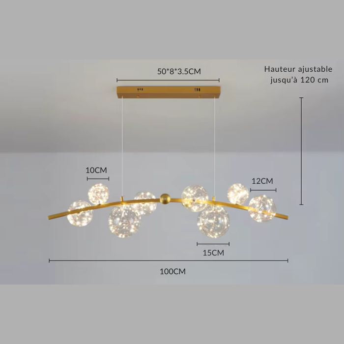 Dimensions de la suspension dorée 100 cm à globes en verre lumineux de 10, 12 et 15 cm, au style céleste moderne.