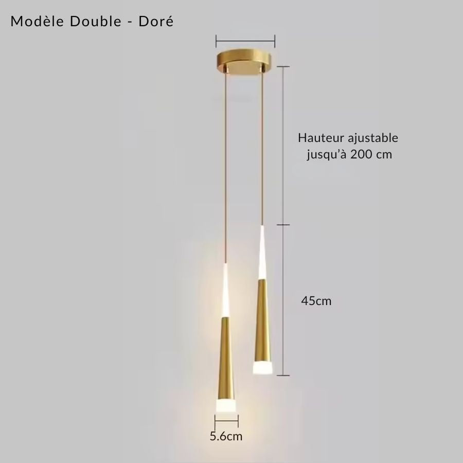 Version double dorée avec deux fines suspensions LED effilées disposées en cascade sous une rosace assortie
