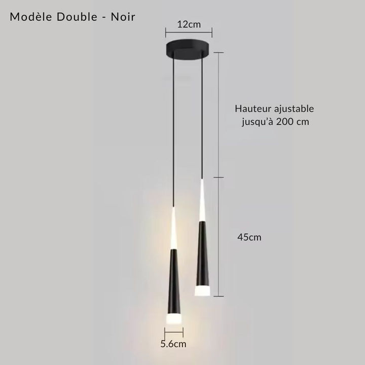 Deux éléments aiguille LED noirs suspendus à différentes hauteurs sur une rosace ronde au design contemporain