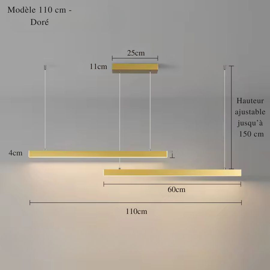 Finition dorée et lignes minimalistes pour cette suspension double barre LED de 110 cm réglable en hauteur