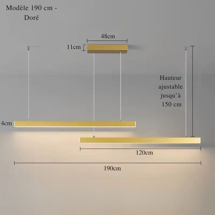 Format 190 cm en finition dorée pour une suspension LED architecturale à double barre asymétrique