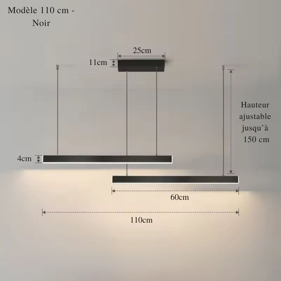 Dimensions de la suspension double barre LED noire 110 cm avec hauteur réglable jusqu’à 150 cm