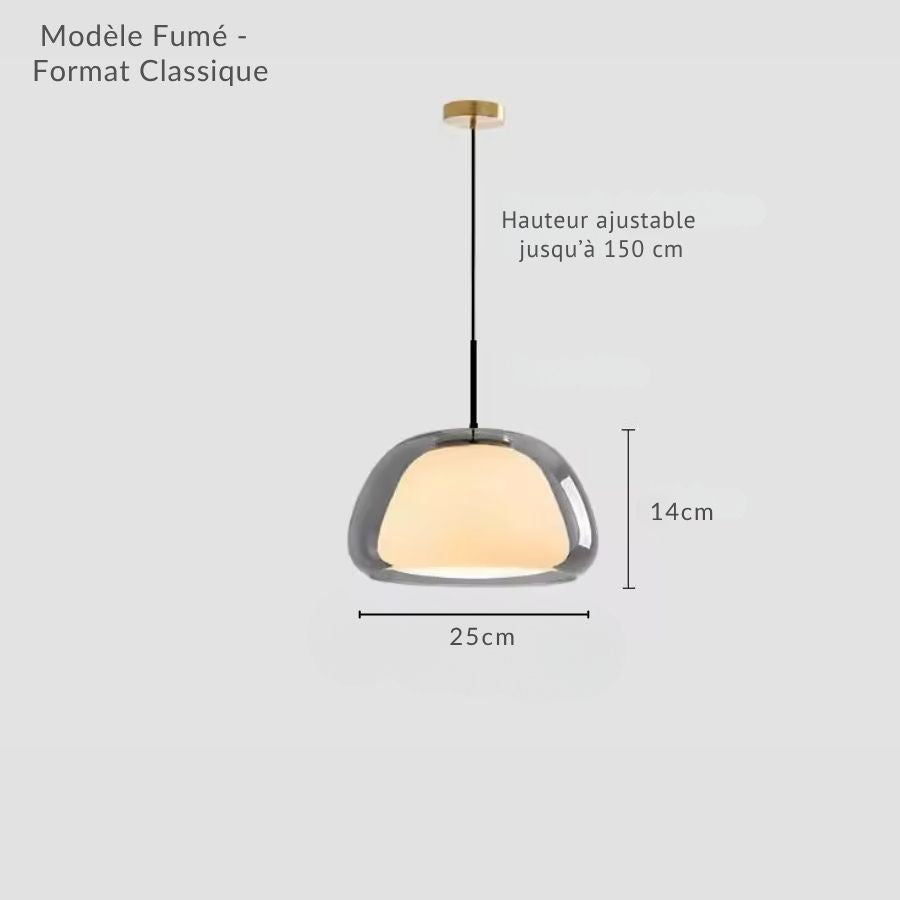Suspension compacte en verre fumé avec diffuseur opalin, format classique 25 cm au style moderne