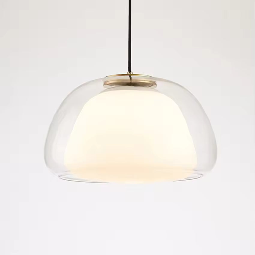 Double cloche en verre transparent avec diffuseur opalin, aux lignes douces inspirées du style japandi