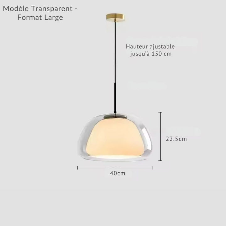 Suspension à double cloche en verre transparent, grand format 40 cm avec cœur opalin et hauteur réglable