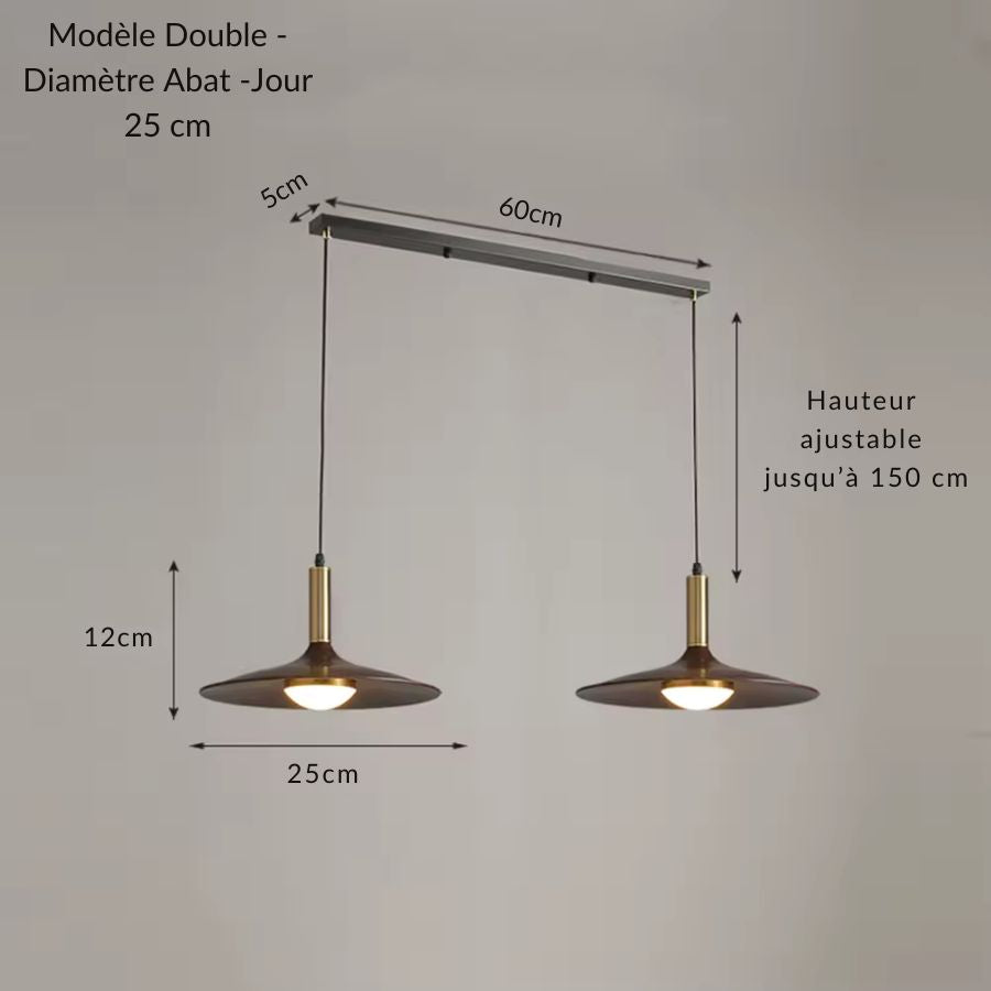 Suspension double en métal effet bois avec deux abat-jour soucoupe de 25 cm et hauteur réglable