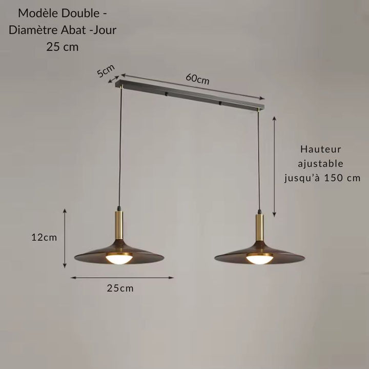 Suspension double en métal effet bois avec deux abat-jour soucoupe de 25 cm et hauteur réglable