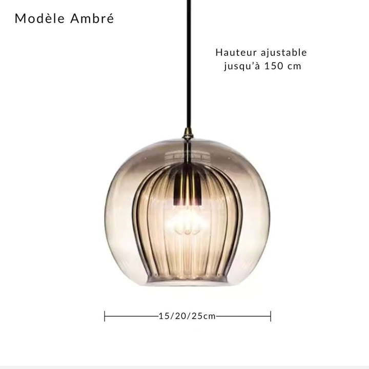 Suspension double verre ambré à cœur strié, disponible en 15, 20 et 25 cm avec hauteur ajustable