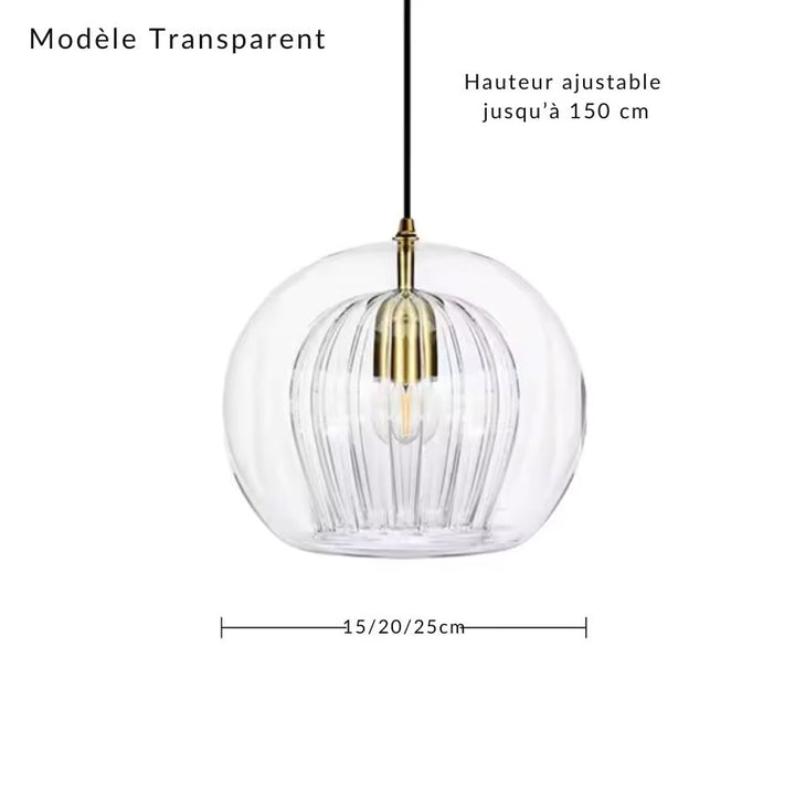 Suspension en double verre transparent à cœur strié, proposée en trois diamètres de 15, 20 et 25 cm