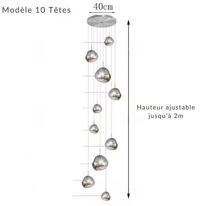 Suspension effet miroir 10 têtes en verre chromé, idéale pour créer un effet design artistique.