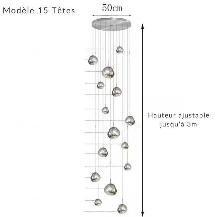 Suspension effet miroir avec 15 lampes suspendues, idéale pour un escalier moderne ou un plafond haut.