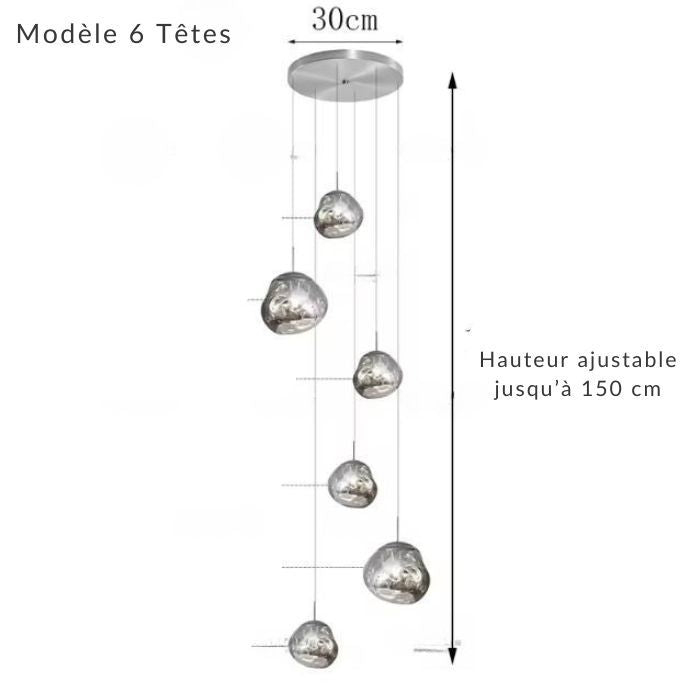Suspension effet miroir avec 6 lampes en cascade, hauteur réglable pour salon, esclaier ou grands intérieurs.