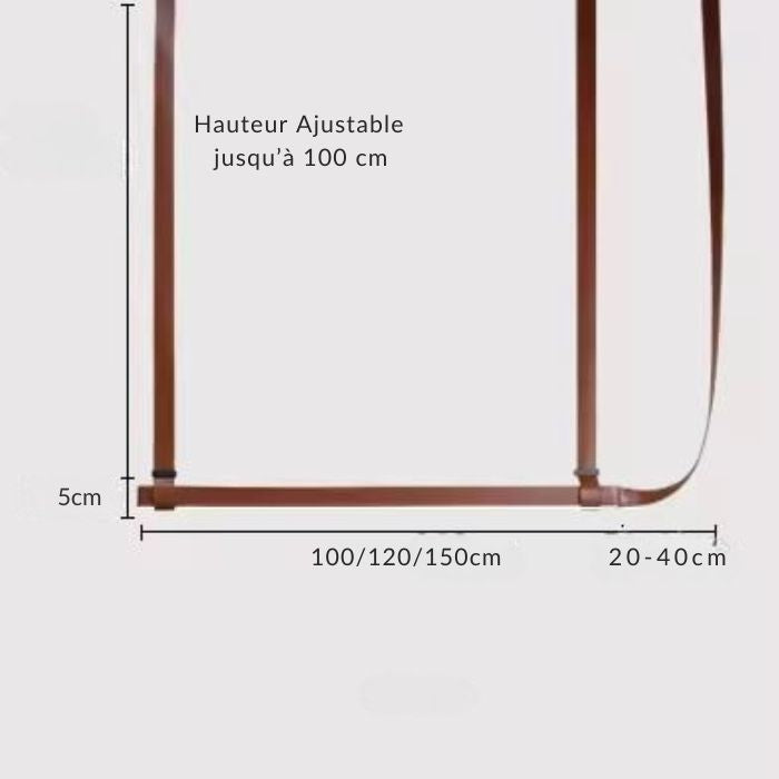 Schéma des dimensions de la suspension en cuir marron avec hauteur ajustable jusqu'à 100 cm, idéale pour un éclairage personnalisé et élégant.