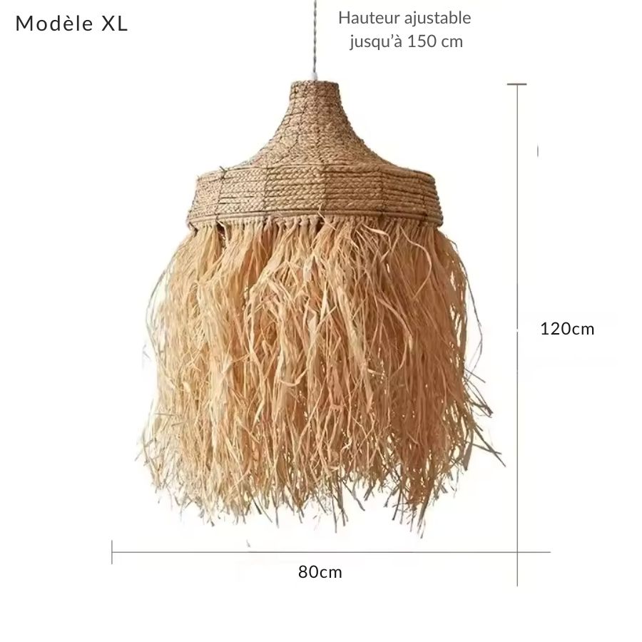 Suspension en raphia XL de 80 x 120 cm, grand format à longues franges au style bohème naturel