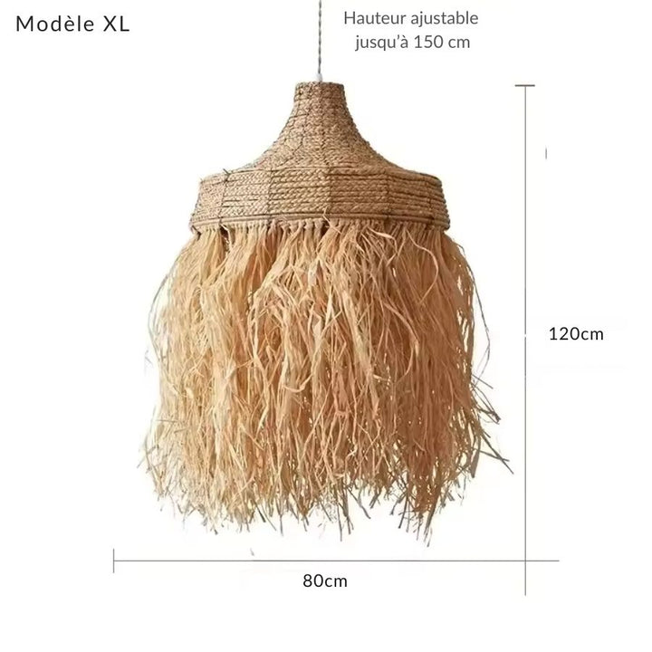 Suspension en raphia XL de 80 x 120 cm, grand format à longues franges au style bohème naturel