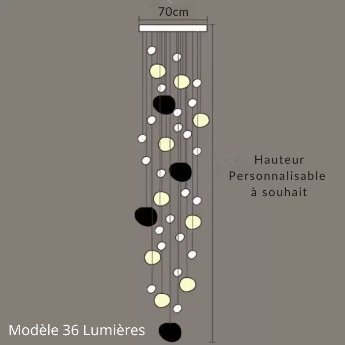 Suspension escalier boule à 36 lumières, modèle majestueux en cascade pour escalier design ou entrée spectaculaire.