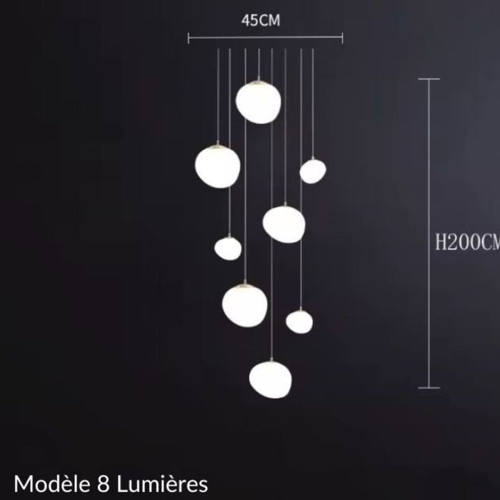 Suspension boule design pour escalier moderne – Modèle 8 lumières hauteur 200 cm