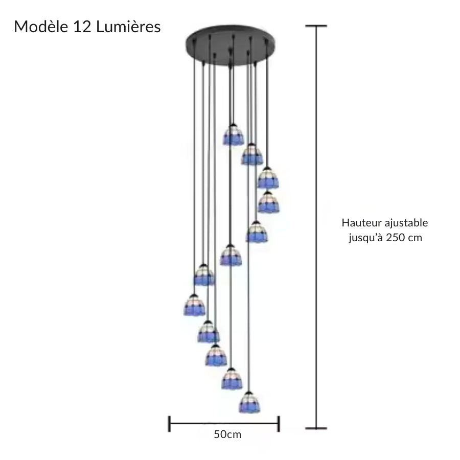 Suspension d’escalier en vitrail bleu style Tiffany à 12 lumières en cascade, réglable jusqu’à 250 cm