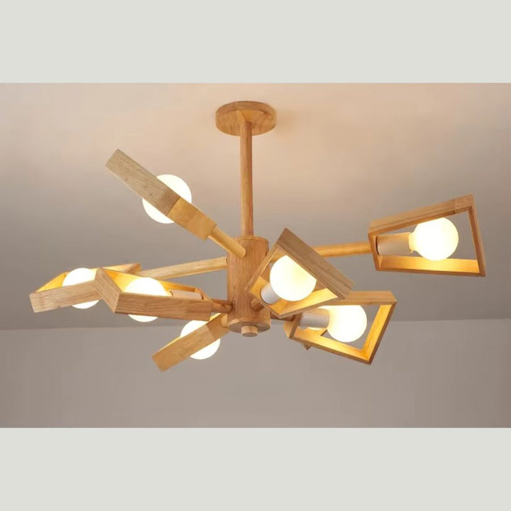 Suspension étoile en bois au design original, mêlant cadres géométriques et globes lumineux dans une composition graphique