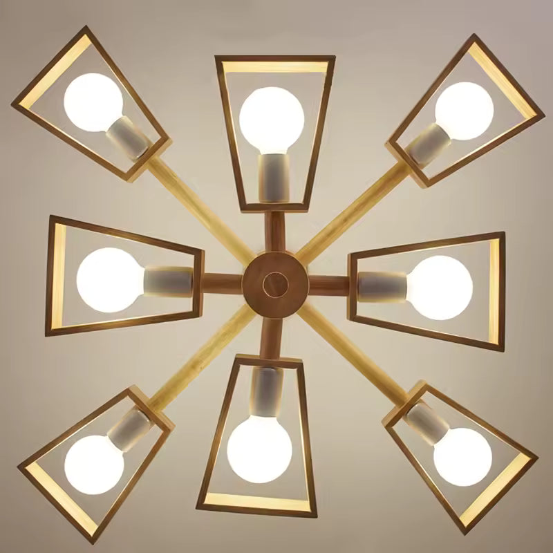 Vue du dessous d’une suspension en bois graphique à huit globes lumineux, disposés en étoile géométrique