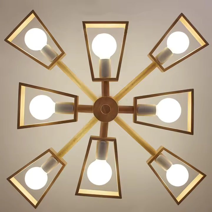 Vue du dessous d’une suspension en bois graphique à huit globes lumineux, disposés en étoile géométrique