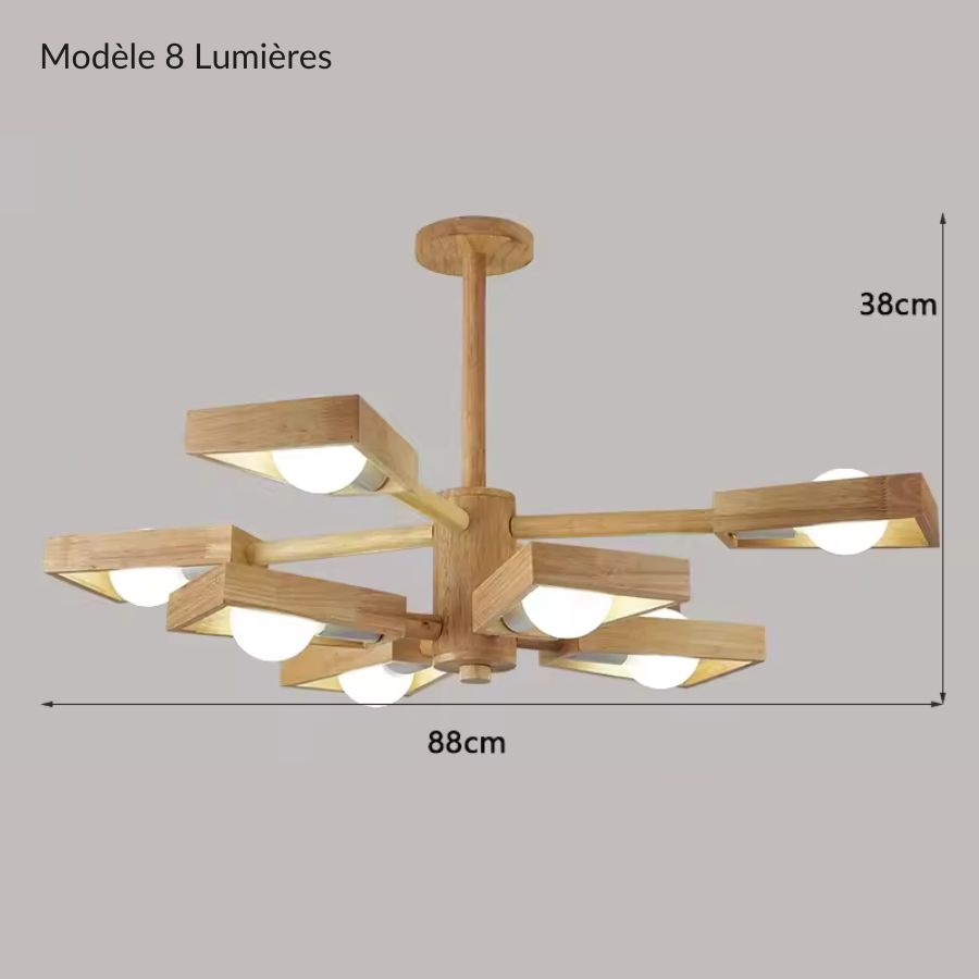 Suspension étoile géométrique en bois à 8 globes lumineux, modèle sculptural de 88 cm de largeur