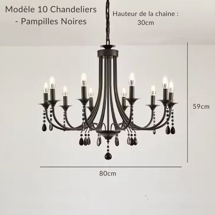 Grande suspension en fer forgé 10 branches avec pampilles noires au style noble et architectural.