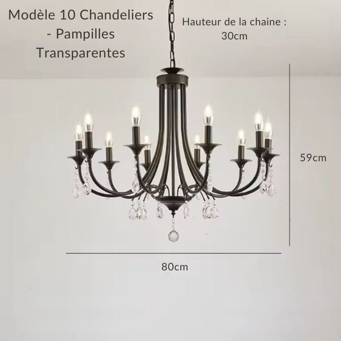 Suspension en fer forgé 10 branches avec pampilles transparentes au style élégant et inspiration château.