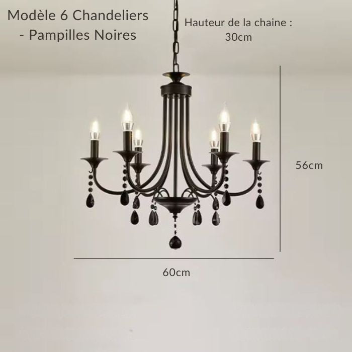 Suspension en fer forgé 6 branches avec pampilles noires au style industriel chic et sophistiqué.