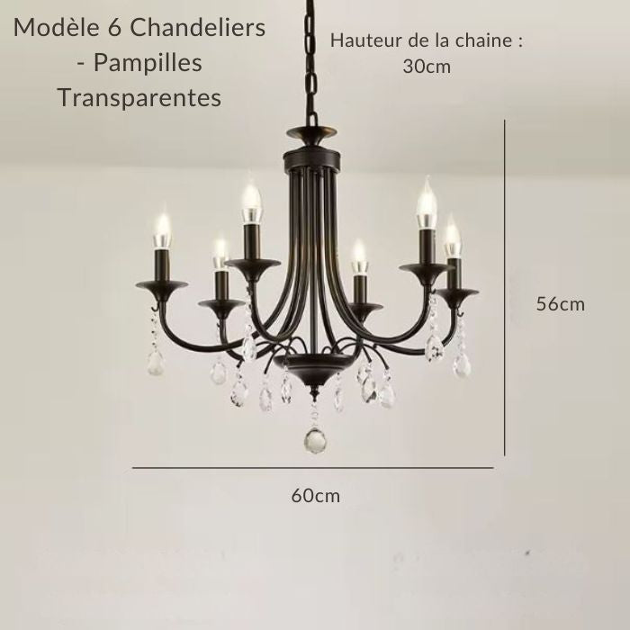Suspension en fer forgé 6 branches avec pampilles transparentes au style classique raffiné et lumineux.