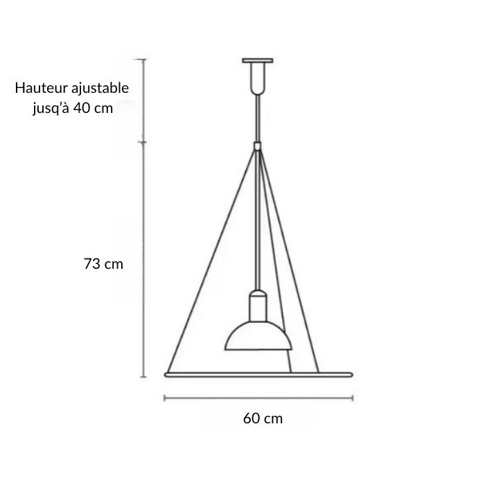 Schéma technique d’une suspension fine avec hauteur ajustable jusqu’à 40 cm et diamètre de 60 cm.