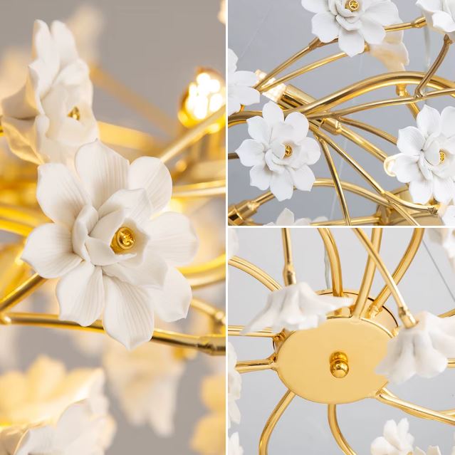Gros plan sur les détails et finitions raffinées de la suspension fleur blanche en céramique avec sa structure dorée élégante en métal.