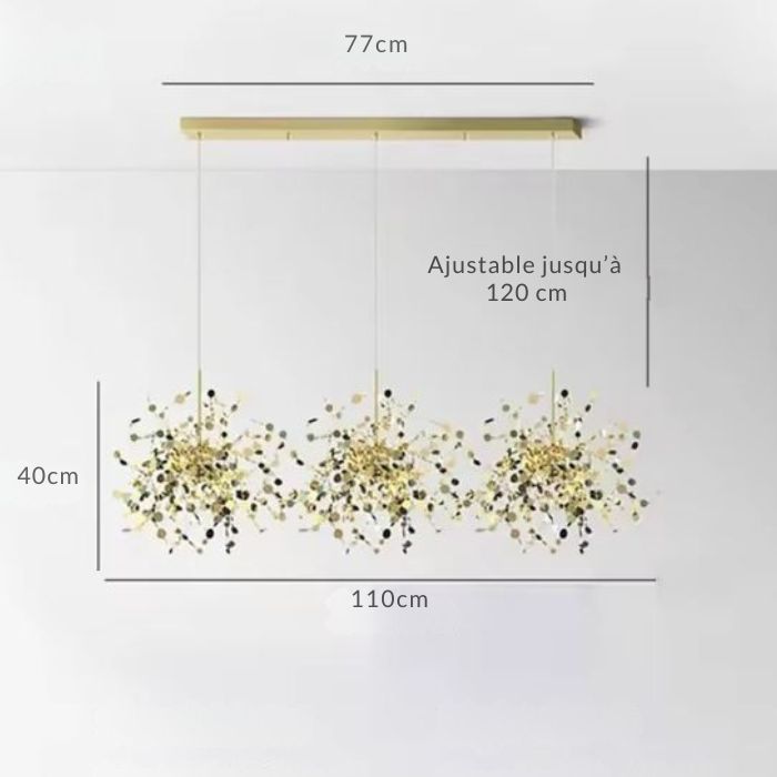 Suspension fleur dorée moderne à 3 lumières pour salle à manger.
