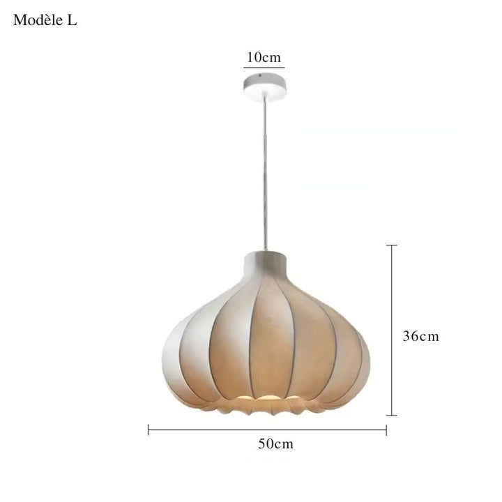 Dimensions de la suspension fleur japonaise en soie blanche, modèle L de 50 cm de diamètre et 36 cm de hauteur.