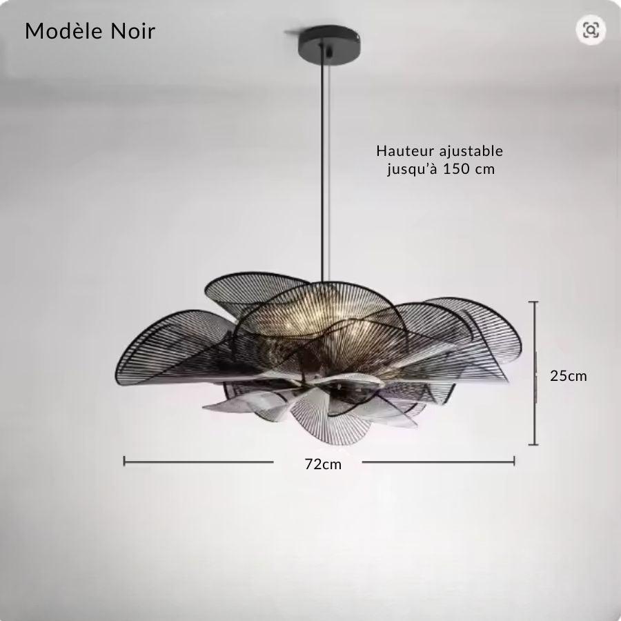 Suspension fleur noire de 72 cm aux pétales filaires ondulés, modèle design avec hauteur ajustable jusqu’à 150 cm