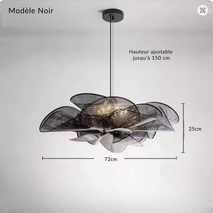 Suspension fleur noire de 72 cm aux pétales filaires ondulés, modèle design avec hauteur ajustable jusqu’à 150 cm