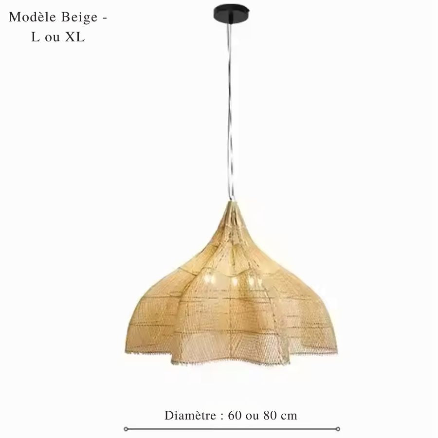 Version beige en rotin tressé, disponible en 60 ou 80 cm, avec une large corolle au style naturel et bohème