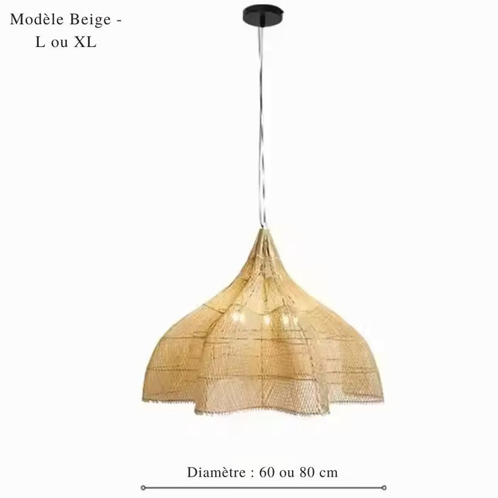 Version beige en rotin tressé, disponible en 60 ou 80 cm, avec une large corolle au style naturel et bohème