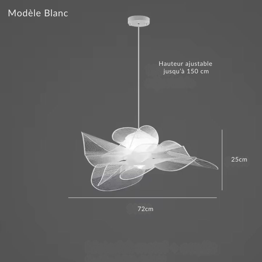 Suspension fleur sculpturale blanche de 72 cm à pétales ondulés, avec hauteur réglable jusqu’à 150 cm