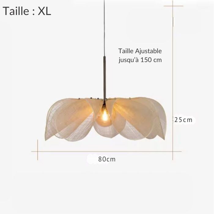 Suspension fleur en tissu de taille XL avec un diamètre de 80 cm et hauteur ajustable jusqu'à 150 cm, idéale pour les grands espaces.