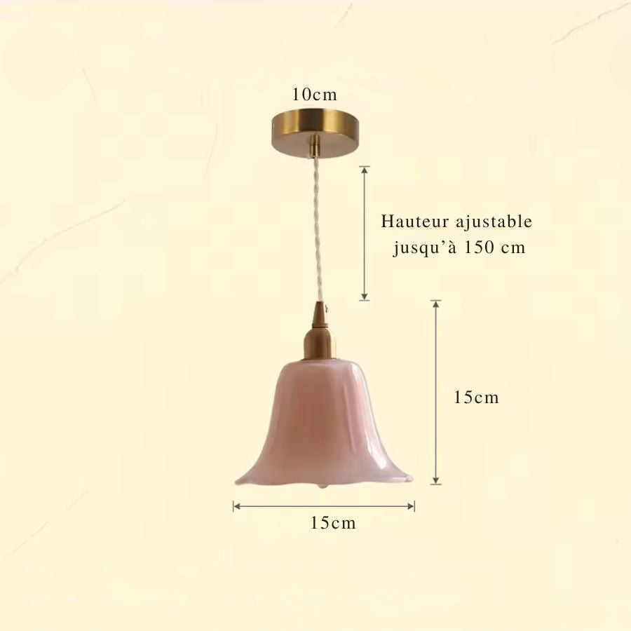 Dimensions de la suspension fleur en verre soufflé rose, 15 cm de large avec hauteur réglable jusqu’à 150 cm