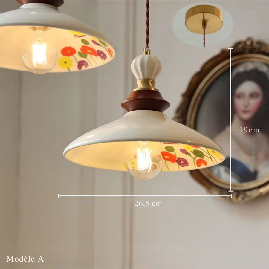 Modèle A de suspension fleurie en céramique et bois massif, au style rétro chaleureux et décoratif