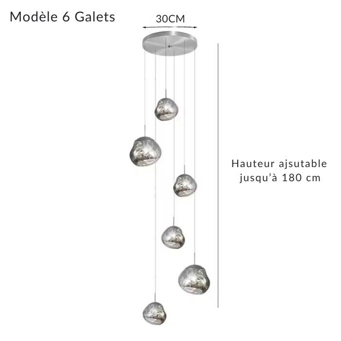 Suspension galets effet miroir moderne à 6 lumières, idéale pour une déco design ou contemporaine.