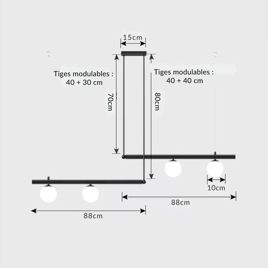 Dimensions du luminaire noir à 4 globes opalins et lignes décalées, avec tiges modulables de 70 ou 80 cm