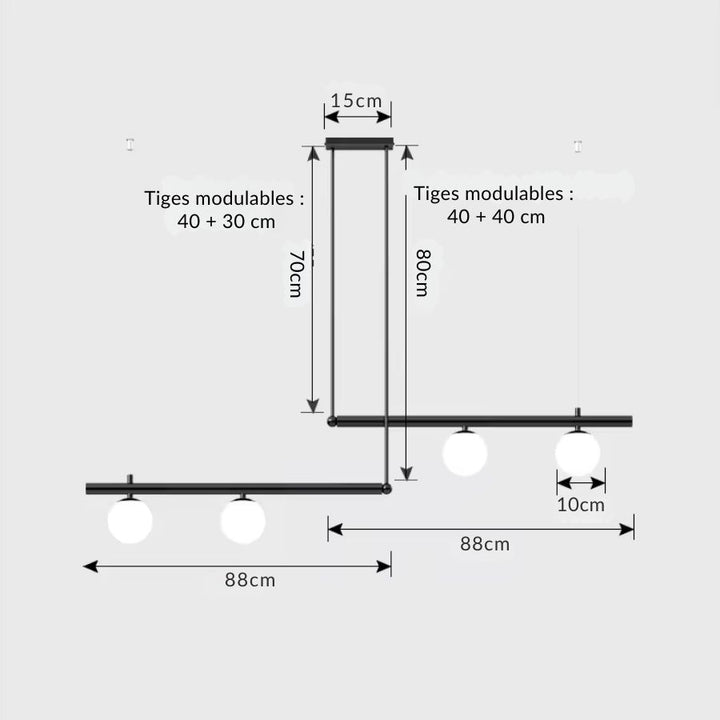 Dimensions du luminaire noir à 4 globes opalins et lignes décalées, avec tiges modulables de 70 ou 80 cm