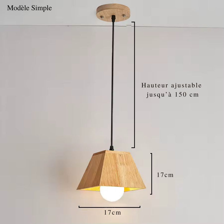 Suspension simple en bois géométrique à globe opalin, au design naturel et scandinave avec hauteur ajustable