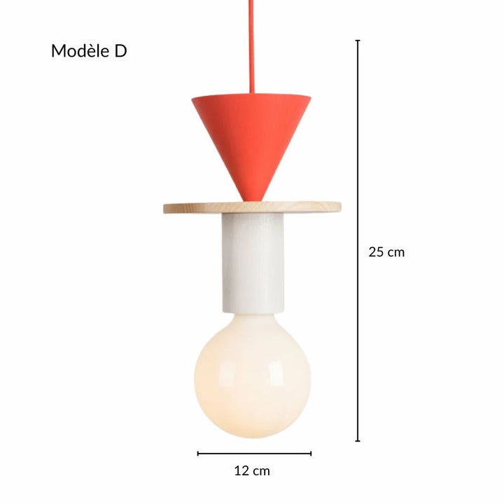 Suspension géométrique en bois rouge et blanc mesurant 25 cm de hauteur avec indications techniques.