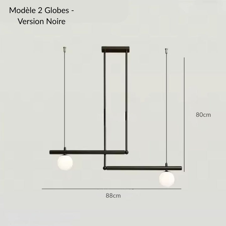Schéma du modèle noir 2 globes à structure décalée, suspension graphique aux sphères opalines