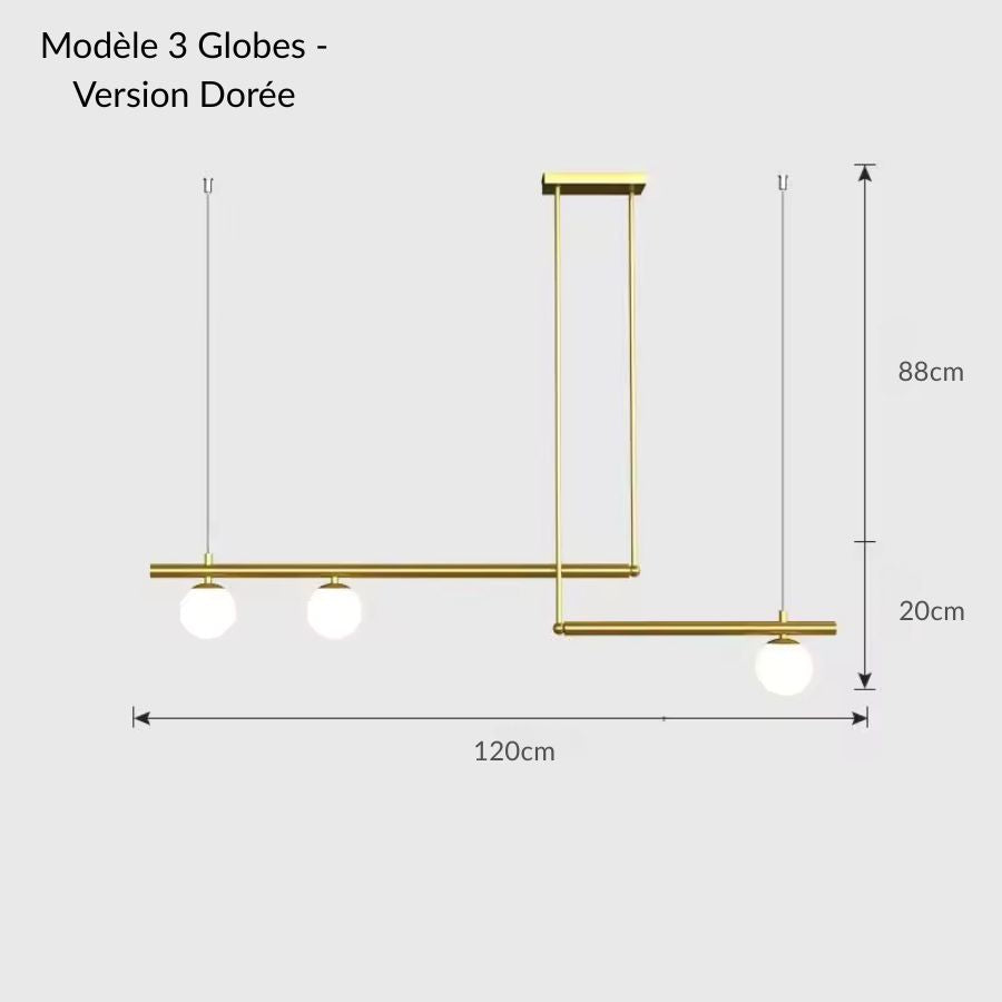 Modèle doré 3 globes de la suspension géométrique à barres décalées, allure chic et art déco