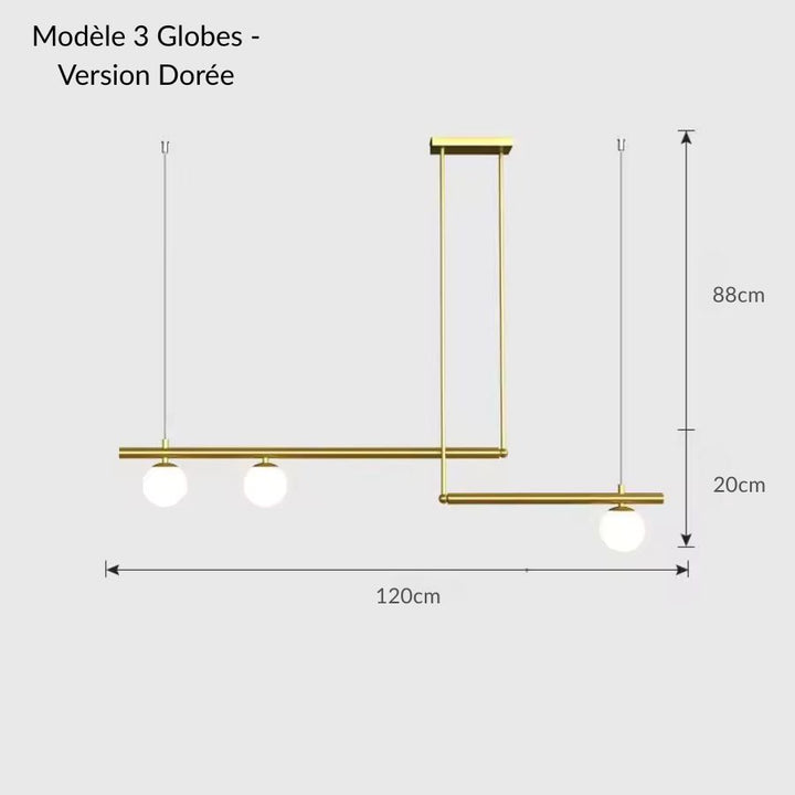 Modèle doré 3 globes de la suspension géométrique à barres décalées, allure chic et art déco